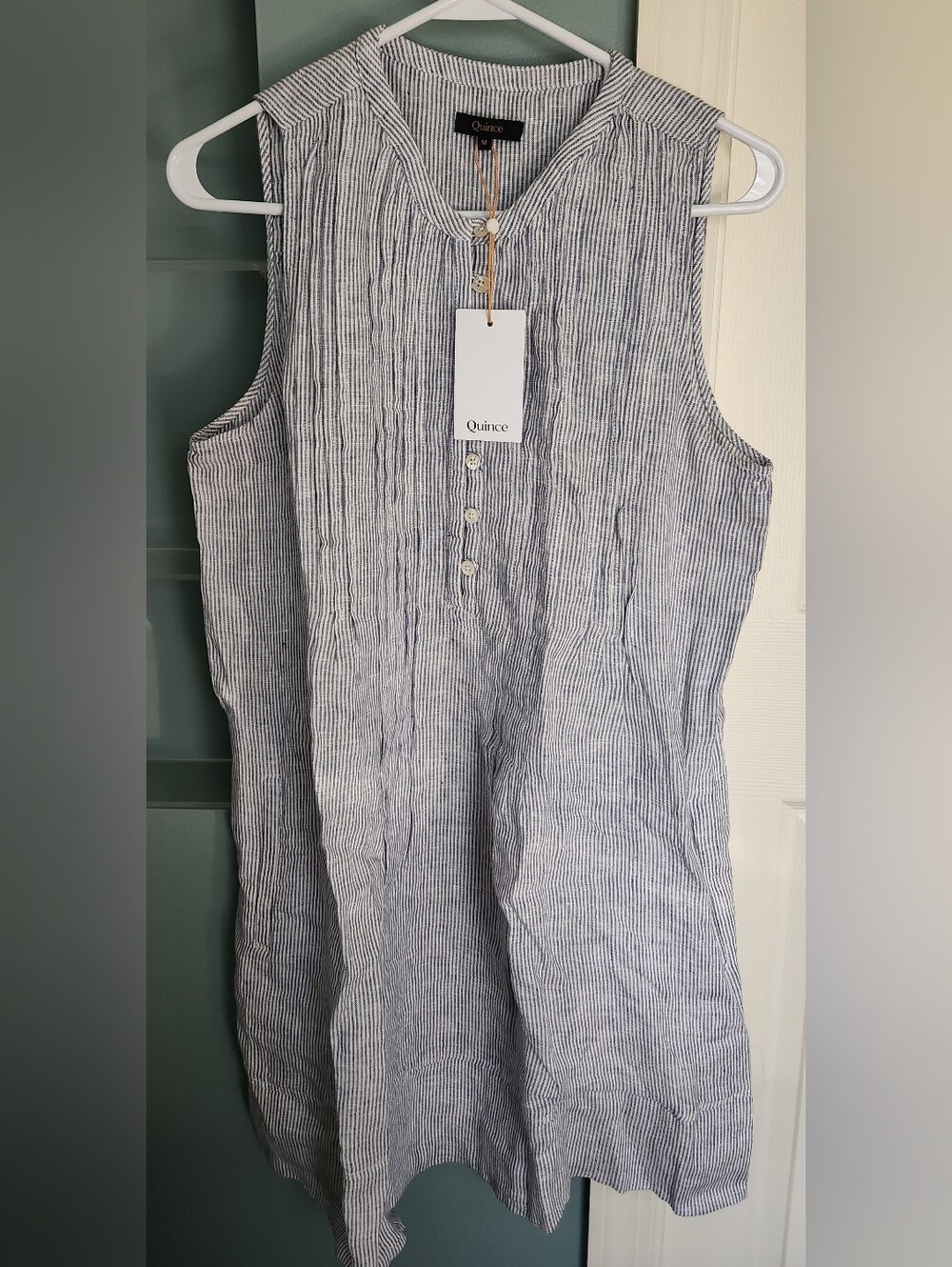 NWT. Quince European Linen Sleeveless Swing Dress- Size Medium (Blue Pinstripe)